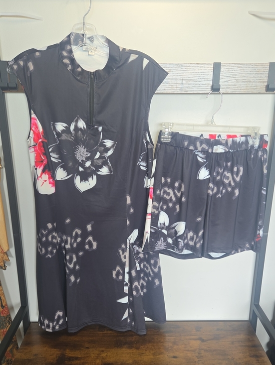 SPANNER Other - SPANNER Black Floral Zip-Front Swim Dress with Matching Shorts